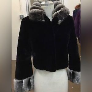 Mink waist length coat, chinchilla sleeves/ collar. white rhinestone zipper .